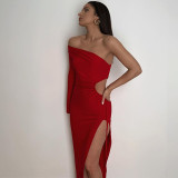 Women's Fall Off Shoulder Slash Shoulder One Sleeve Open Waist Slit Maxi Dress