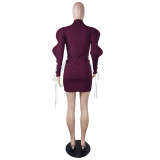 Women'S Solid Color V-Neck Ladies Dress Sexy Lace-Up Long Sleeve Ladies Shirt Dress