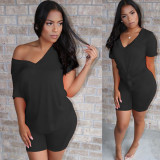 Women'S Simple Casual Plus Size Solid V-Neck Shor Sleeve T-Shirt Shorts Two Piece Set