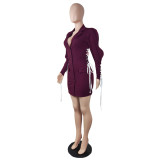 Women'S Solid Color V-Neck Ladies Dress Sexy Lace-Up Long Sleeve Ladies Shirt Dress