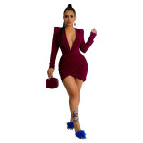 Women'S Autumn And Winter V-Neck Shoulder Pad Sexy Velvet Cocktail Party Dress