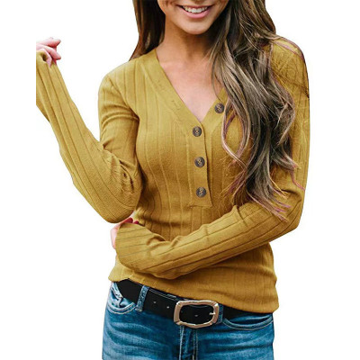 Autumn And Winter Women'S V-Neck Button Solid Color Long-Sleeved Knitting Sweater Women'S T-Shirt