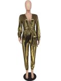 Women'S Shiny Fabric Sexy Wrap V-Neck Long Sleeve Jumpsuit