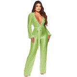 Fall/Winter Low Cut Sexy Turndown Collar Long Sleeve Pleated Jumpsuit