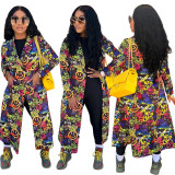 Women'S Casual Fashion Turndown Collar Graffiti Print Long Coat