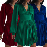 Women'S Fall Winter Long Sleeve V-Neck High Waist Pleated Satin Dress