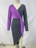 Colorblock Ethnic High Waist Solid Chic Career Midi Dress Long Sleeve Slim Waist Dress