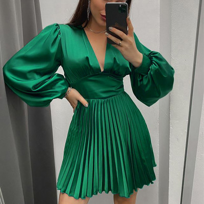 Women'S Fall Winter Long Sleeve V-Neck High Waist Pleated Satin Dress