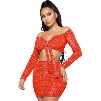 Women'S Fall Winter Off Shoulder Long Sleeve Sequin Crop Top Mini Party Skirt Sexy Two Piece Set
