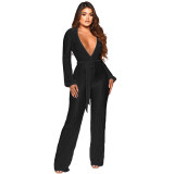 Fall/Winter Low Cut Sexy Turndown Collar Long Sleeve Pleated Jumpsuit