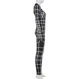 Geometric Plaid Print Slim Fit Mittens Sexy Women'S Fall Winter Long Sleeve Jumpsuit