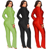 Fall/Winter Low Cut Sexy Turndown Collar Long Sleeve Pleated Jumpsuit