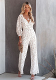 Women'S Autumn Deep V-Neck Lace Lantern Sleeves Elegant Chic Jumpsuit