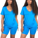 Women'S Simple Casual Plus Size Solid V-Neck Shor Sleeve T-Shirt Shorts Two Piece Set