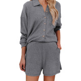 Fall Winter Solid Ribbed Button Turndown Collar Casual Fashion Loungewear Women'S Suit