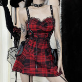 Fall Dark Design Plaid Lace-Up Slim Waist Straps Club Dress