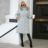 Women Fur Collar Contrast Long Coat Winter Slim Fit Down Coat