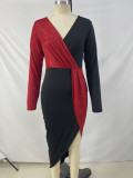 Colorblock Ethnic High Waist Solid Chic Career Midi Dress Long Sleeve Slim Waist Dress