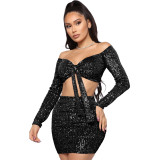 Women'S Fall Winter Off Shoulder Long Sleeve Sequin Crop Top Mini Party Skirt Sexy Two Piece Set