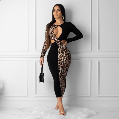 Women Fall Contrast Leopard Cut Out Long Sleeve Sexy Dress