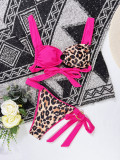 Women Sexy Lace-Up Colorblock Leopard Bikini