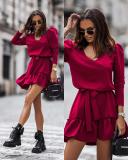 Autumn Women v-neck long-sleeved pleated dress