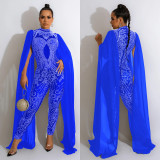 Women Beaded Mesh See-Through Slit Sleeve Jumpsuit