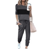 Women's Fashion Casual Solid Patchwork Short Sleeve Trousers Two Piece