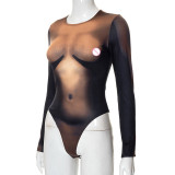 Women's Summer Fall Round Neck Long Sleeve Sexy Body Print Long Bodysuit