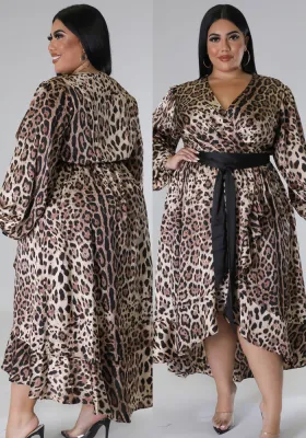 Plus Size Women's Leopard V-Neck Ruffle Patchwork Dress Swing Skirt With Belt