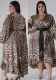 Plus Size Women's Leopard V-Neck Ruffle Patchwork Dress Swing Skirt With Belt