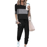 Women's Fashion Casual Solid Patchwork Short Sleeve Trousers Two Piece