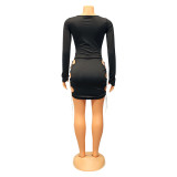 Women Fashion Sexy Tight Fitting Hollow Solid Color Long Sleeve Mini Dress