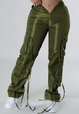 Women's Zip Lace-Up Solid Green Casual Trousers