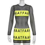 Trendy See-Through Mesh Patchwork Letter Contrast Sexy Bodycon Long Sleeve Dress