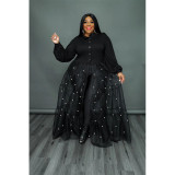 Plus Size Women's Black Pearl Mesh Patchwork Dress