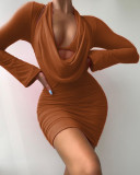Women'S Fall/Winter Sexy Halter Neck Long Sleeve Mesh Ruch Bodycon Dress