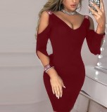 Solid Ripped Off Shoulder Low Back Sexy Low Cut Bodycon Dress
