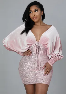 Women Fashion Bodycon V-Neck Solid Sequin Sexy Club Dress