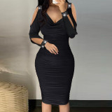 Women'S Beaded V-Neck Shoulder Cutout Ruched Tight Fitting Bodycon Dress