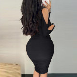 Women'S Beaded V-Neck Shoulder Cutout Ruched Tight Fitting Bodycon Dress
