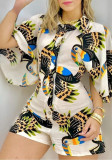 Printed Turndown Collar One-Breasted Half-Sleeve Women Short Jumpsuit