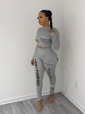 Women'S Fitted Stretch Sexy Long Sleeve Letter Print Two Piece Pants Set