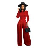 Women'S Fashion Solid Color Long Sleeve Bodysuit + Wide Leg Pants Two Piece Set