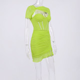 Summer Women'S Sexy Fishbone Cutout See-Through Ruched Bodycon Dress