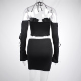 Fall Winter Fashion Halter Neck Off Sholder Cutout Long Sleeve Top Bodycon Skirt Two Piece Set