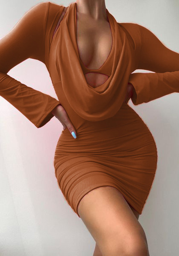 Women'S Fall/Winter Sexy Halter Neck Long Sleeve Mesh Ruch Bodycon Dress