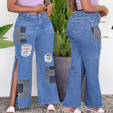 Denim Pants Patch Ripped Slit Women'S Denim Pants Jeans