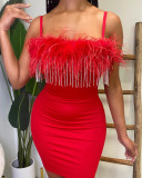 Women'S Red Feather Fringe Straps Tight Fitting Bodycon Dress