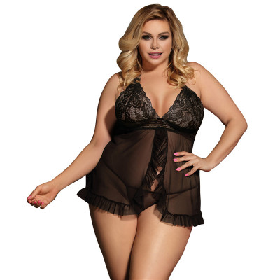 Plus Size Erotic Lingerie Straps Lace See-Through Sexy Nightdress Two Piece Set